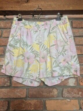Briggs Tropical Floral Linen Blend Pull-On Shorts Beachy Boho Resort Summer